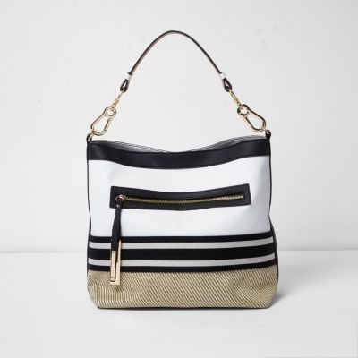 White stripe woven slouch tote bag